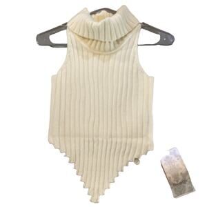 DoggyQin Women's XS Beige Ribbed Turtleneck Sleeveless Tank Top